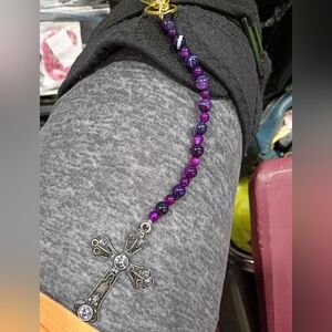 Hand Crafted Purple Agate With Cross Bag Charm